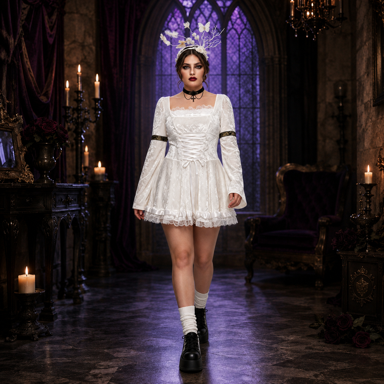 Women's Gothic Lace Trim Costume – Square Neck Lace Up Halloween Party