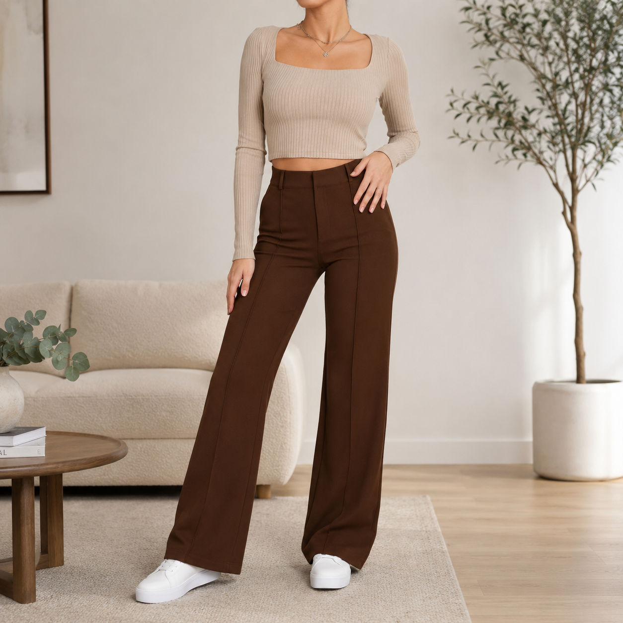 Women's High Waist Wide Leg Pants – Front Seam Side Pockets Workplace Meetings