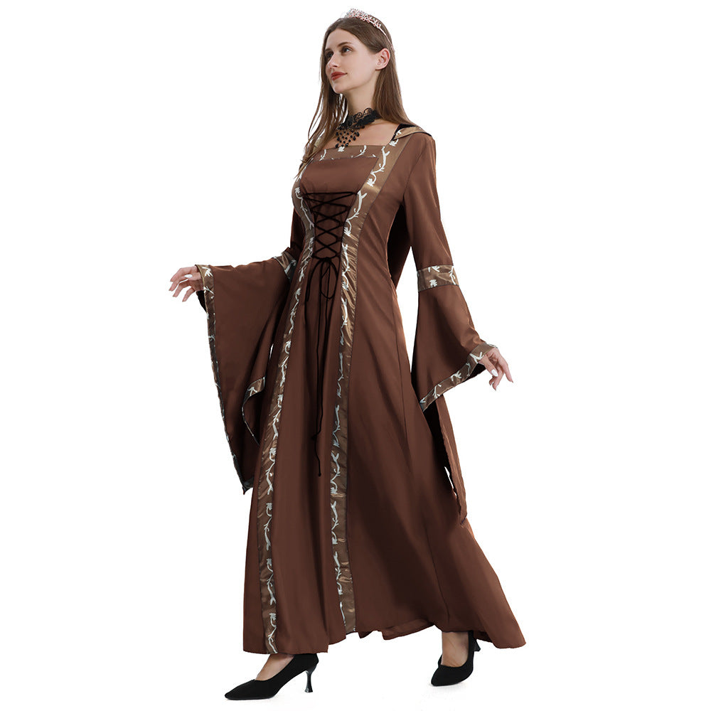 Women's Hooded Medieval Dress Costume – Lace Up Bell Sleeve Halloween Party