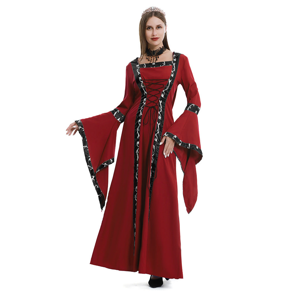 Women's Hooded Medieval Dress Costume – Lace Up Bell Sleeve Halloween Party