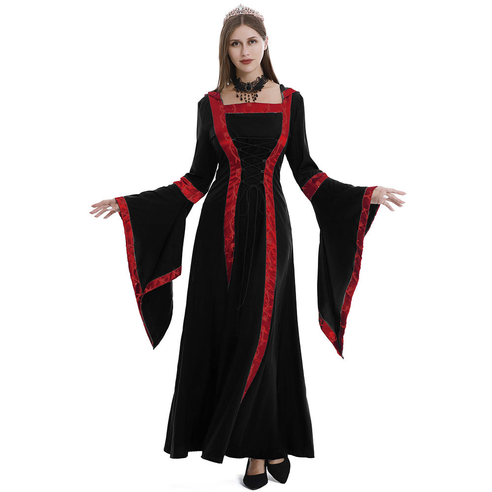 Women's Hooded Medieval Dress Costume – Lace Up Bell Sleeve Halloween Party