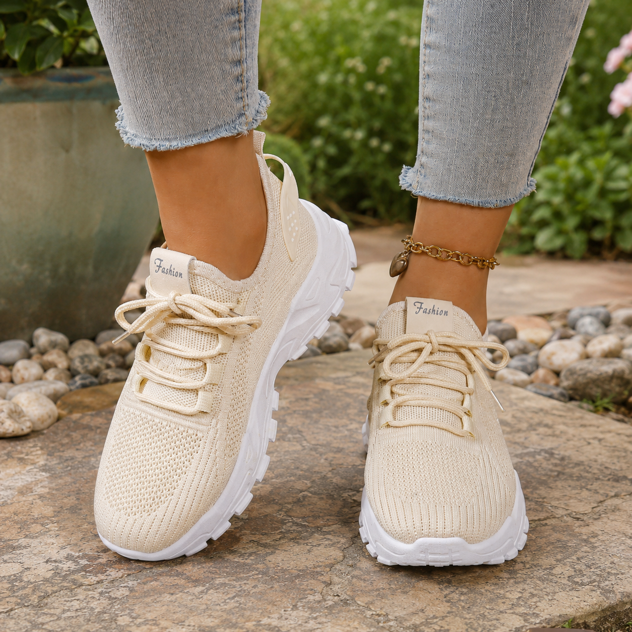 Women's Knit Textured Sneakers – Lace-Up Thick Sole Neighborhood Walks