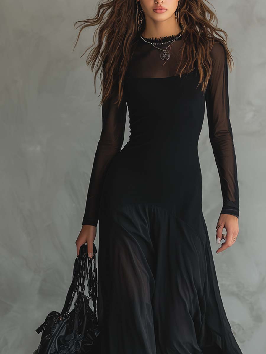 Women's Layered Maxi Dress – Round Neck Sheer Sleeves Concert Night