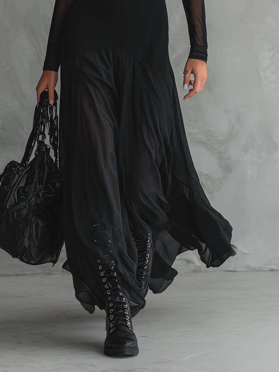 Women's Layered Maxi Dress – Round Neck Sheer Sleeves Concert Night