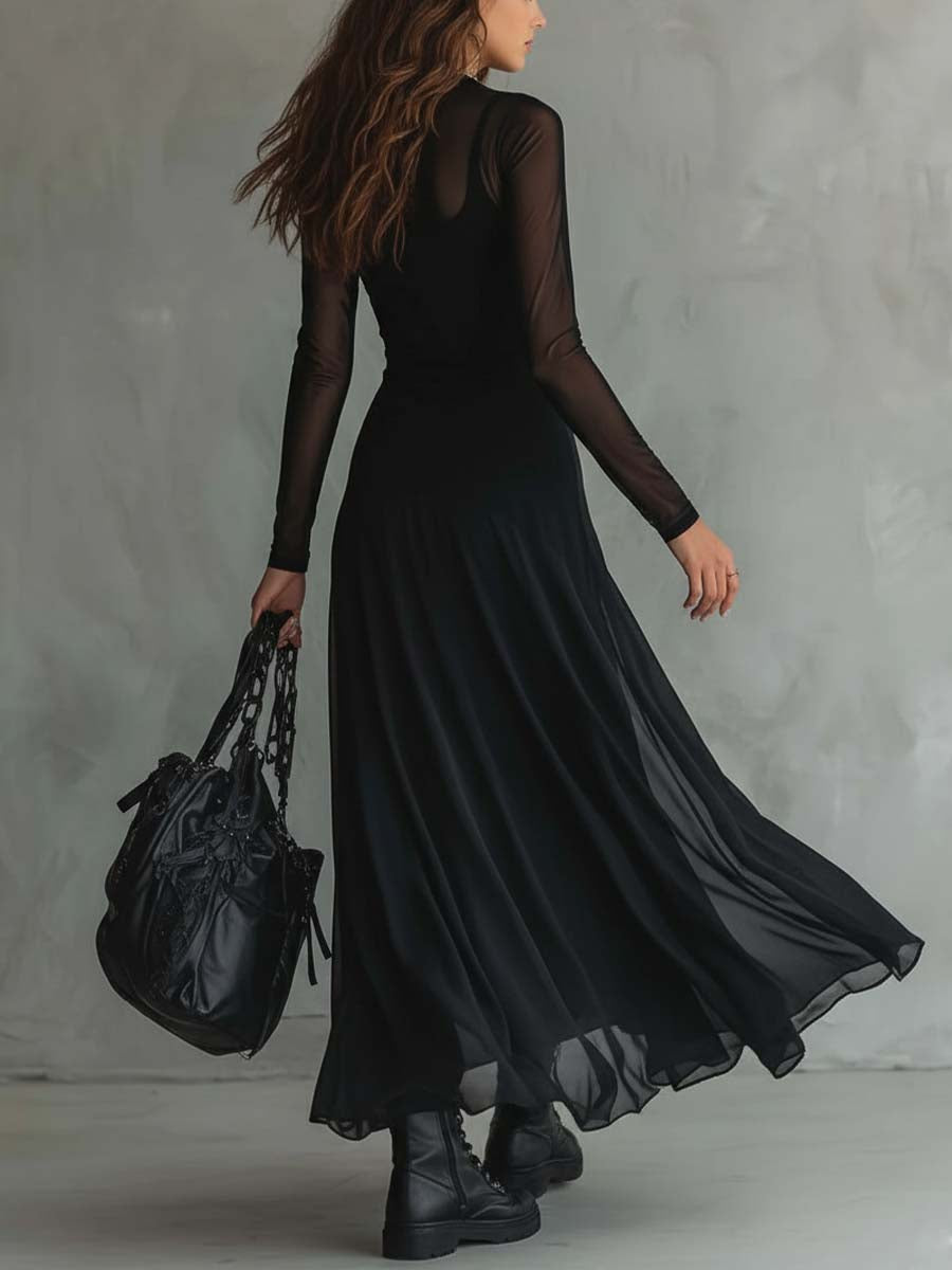 Women's Layered Maxi Dress – Round Neck Sheer Sleeves Concert Night