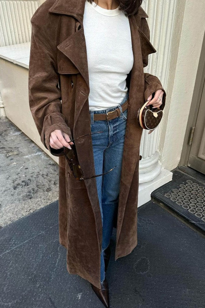 Women's Long Double Breasted Trench Coat – Wide Lapel Tie Belt City Wear