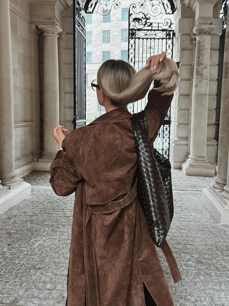 Women's Long Double Breasted Trench Coat – Wide Lapel Tie Belt City Wear