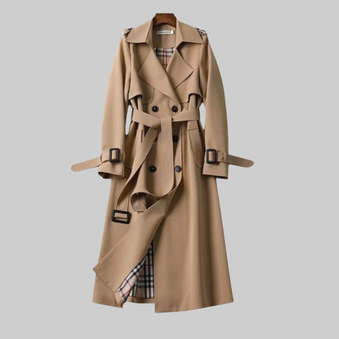 Women's Long Double Breasted Trench Coat – Wide Lapel Tie Belt Travel Wear