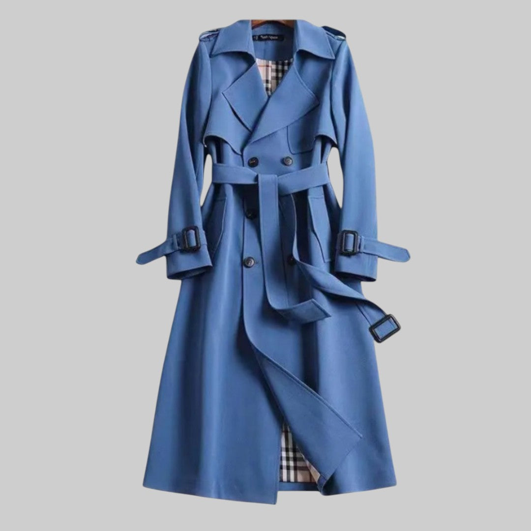 Women's Long Double Breasted Trench Coat – Wide Lapel Tie Belt Travel Wear