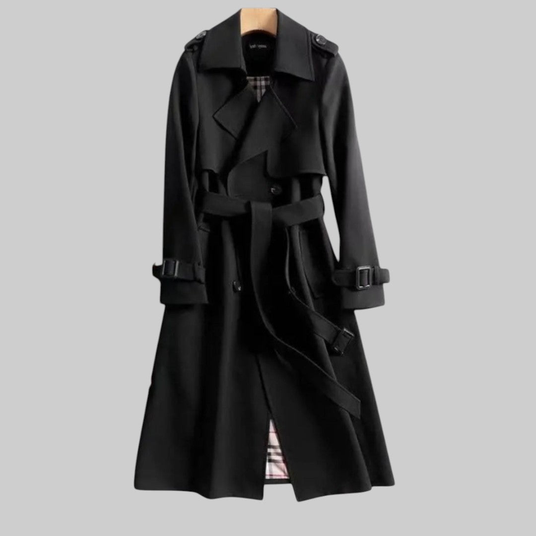 Women's Long Double Breasted Trench Coat – Wide Lapel Tie Belt Travel Wear