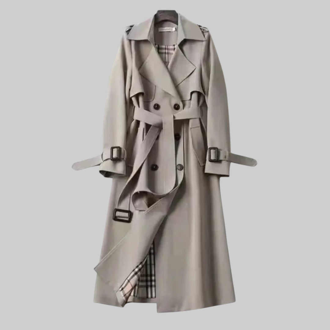 Women's Long Double Breasted Trench Coat – Wide Lapel Tie Belt Travel Wear