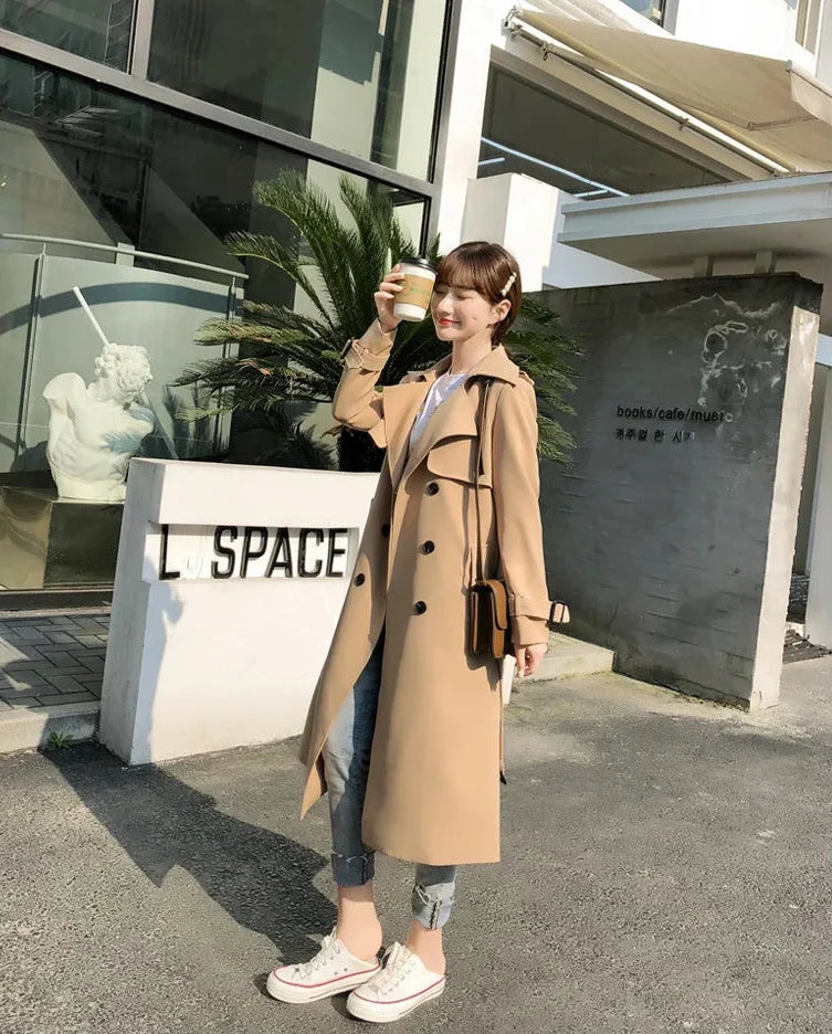 Women's Long Double Breasted Trench Coat – Wide Lapel Tie Belt Travel Wear
