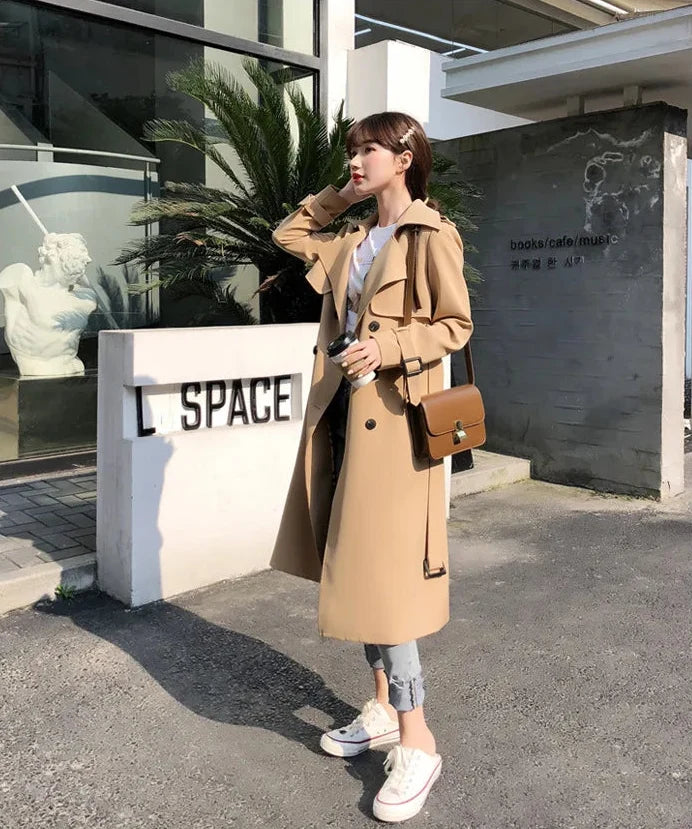 Women's Long Double Breasted Trench Coat – Wide Lapel Tie Belt Travel Wear
