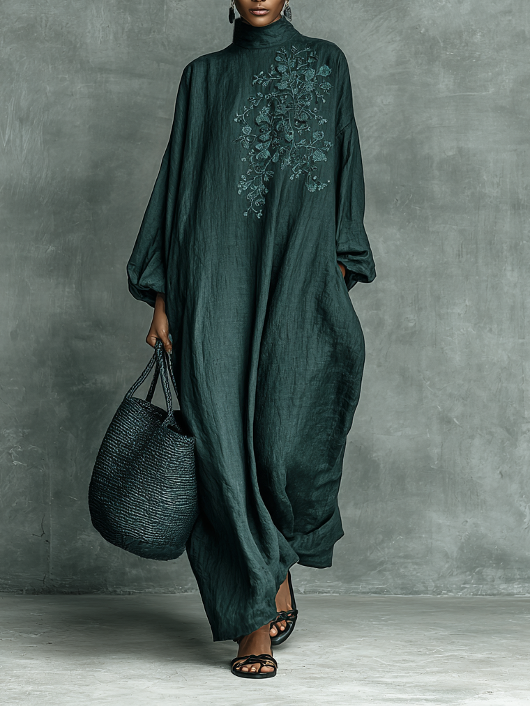 Women's Long Sleeve Floral Maxi Dress – High Neck Lantern Sleeves Museum Visits