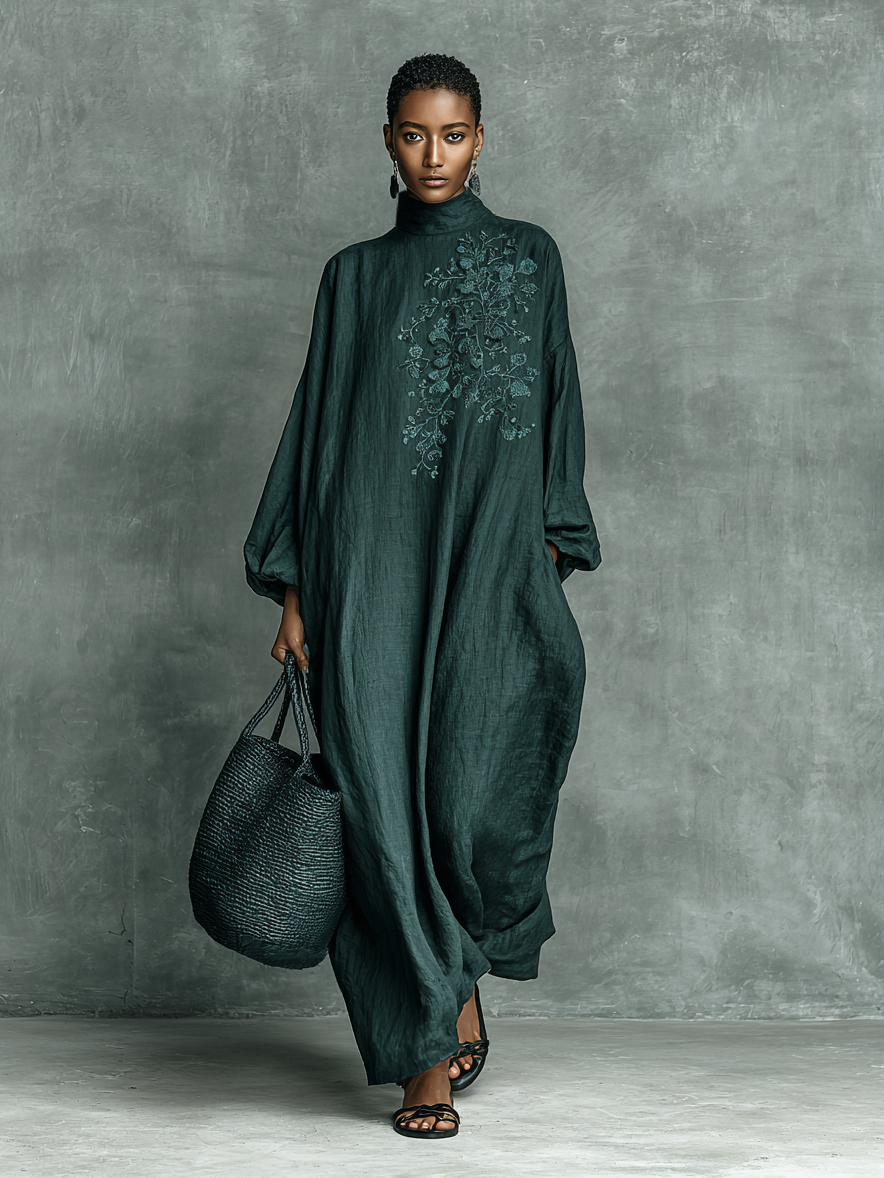 Women's Long Sleeve Floral Maxi Dress – High Neck Lantern Sleeves Museum Visits