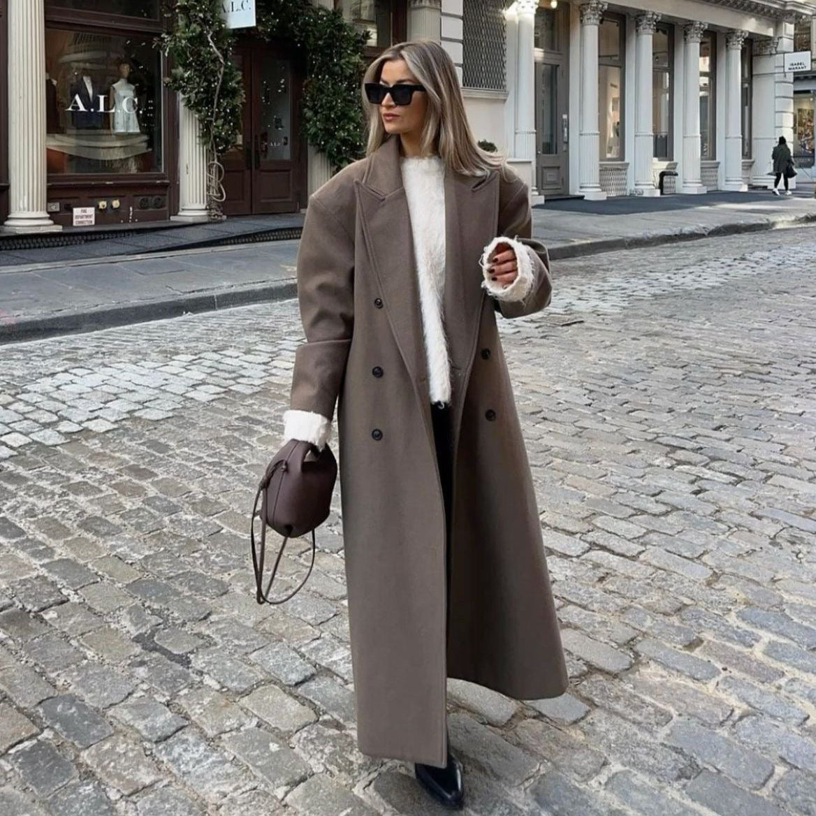 Women's Longline Wool Maxi Coat – Double Breasted Notched Lapel City Commute