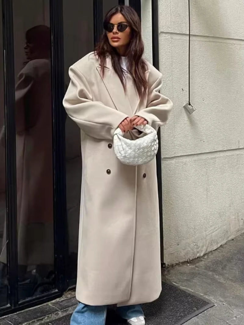 Women's Longline Wool Maxi Coat – Double Breasted Notched Lapel City Commute
