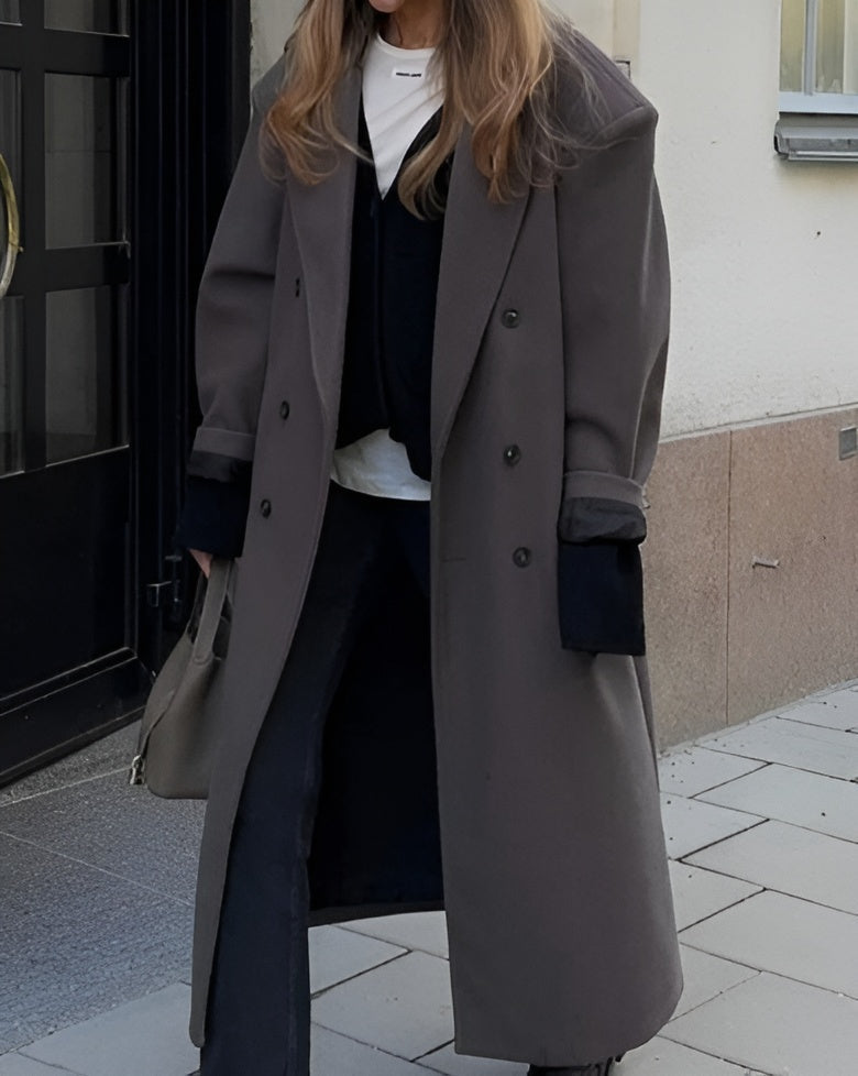 Women's Longline Wool Maxi Coat – Double Breasted Notched Lapel City Commute