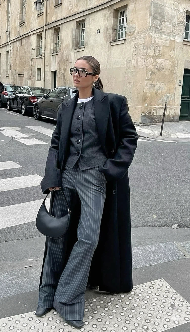 Women's Longline Wool Maxi Coat – Double Breasted Notched Lapel City Commute