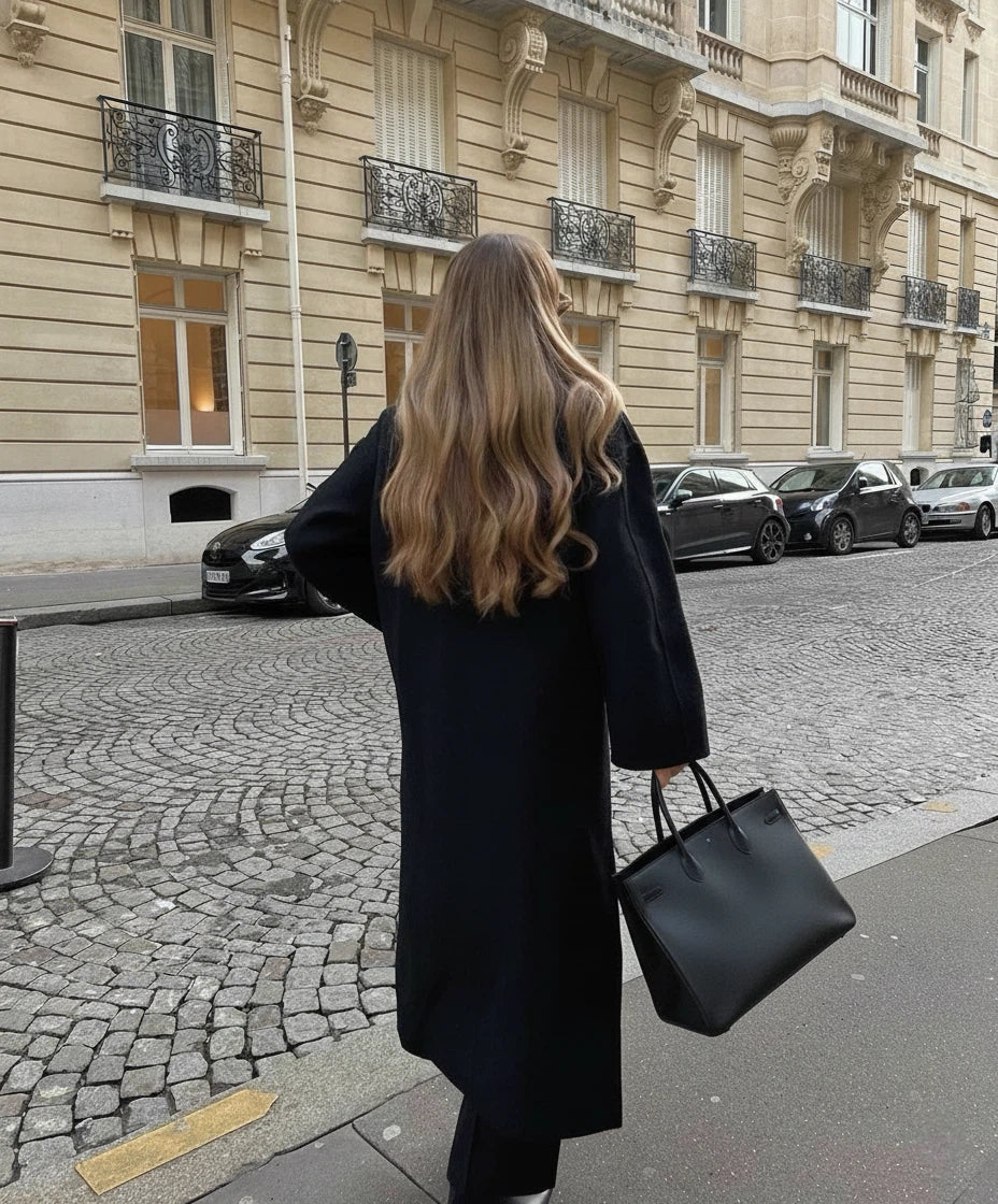 Women's Longline Wool Maxi Coat – Double Breasted Notched Lapel City Commute