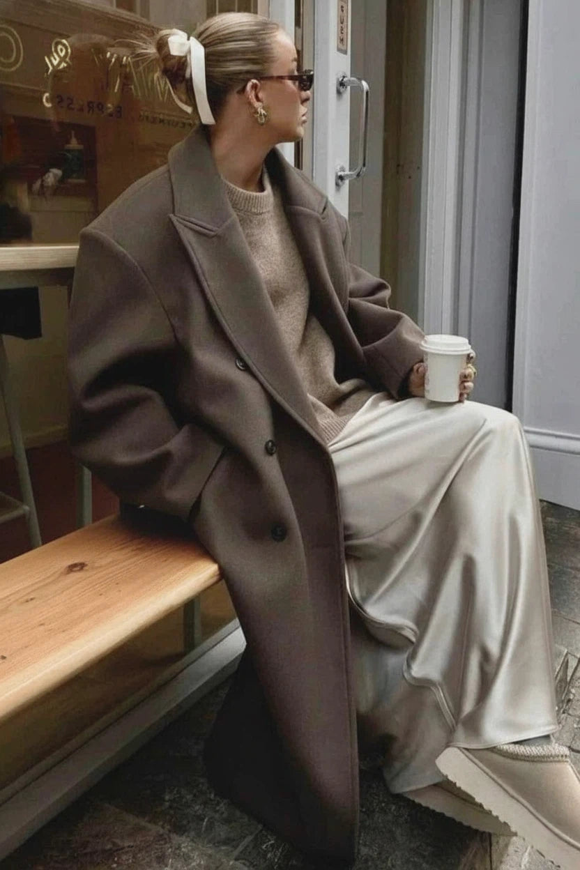 Women's Longline Wool Maxi Coat – Double Breasted Notched Lapel City Commute