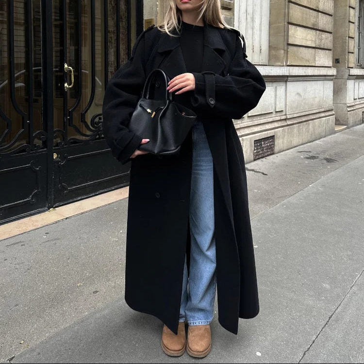Women's Longline Wool Trench Coat – Double Breasted Belted Winter Commute