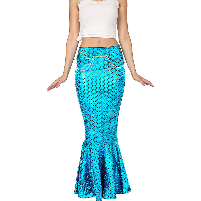 Women's Mermaid Fish Scale Maxi Skirt – Flared Hem Halloween Costume Party