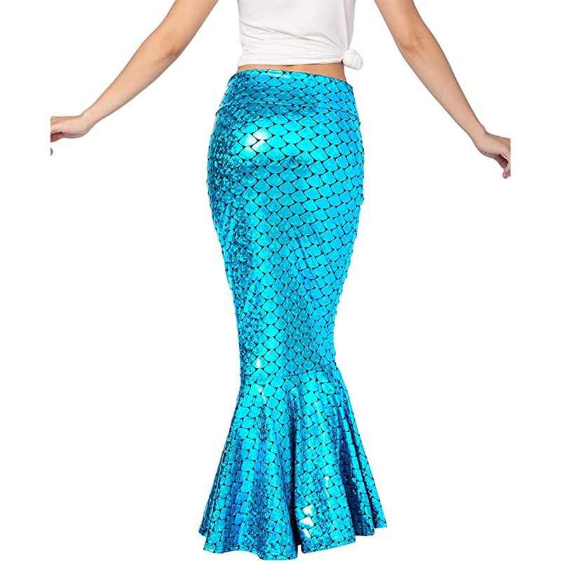 Women's Mermaid Fish Scale Maxi Skirt – Flared Hem Halloween Costume Party