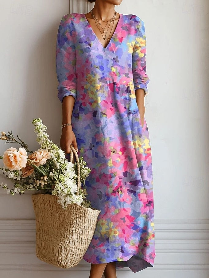 Women's Printed Midi Dress – V Neck Long Sleeves Side Pockets Summer