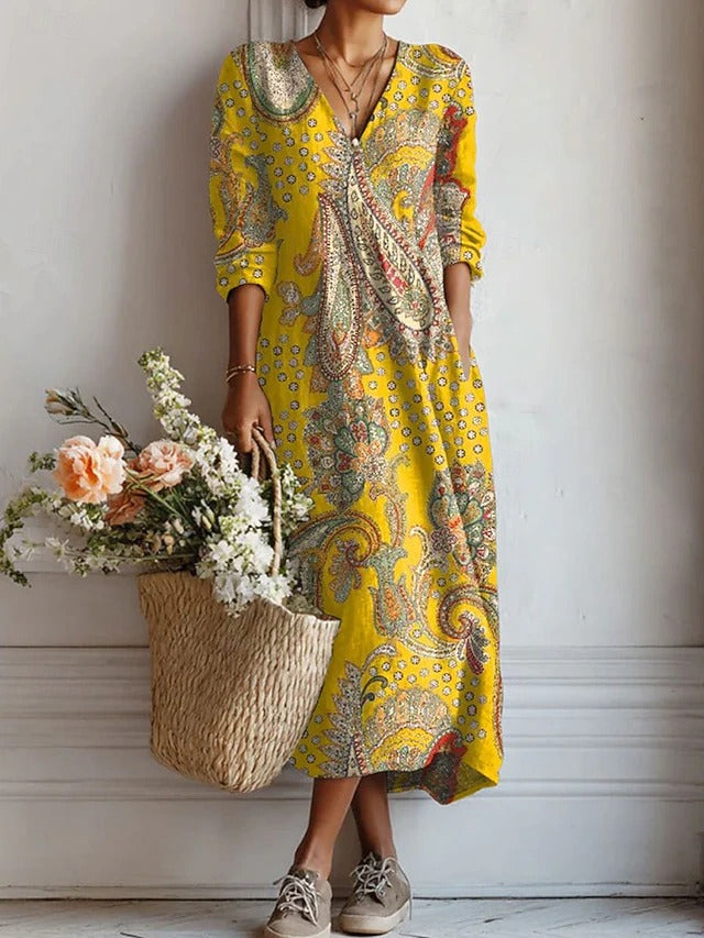 Women's Printed Midi Dress – V Neck Long Sleeves Side Pockets Summer