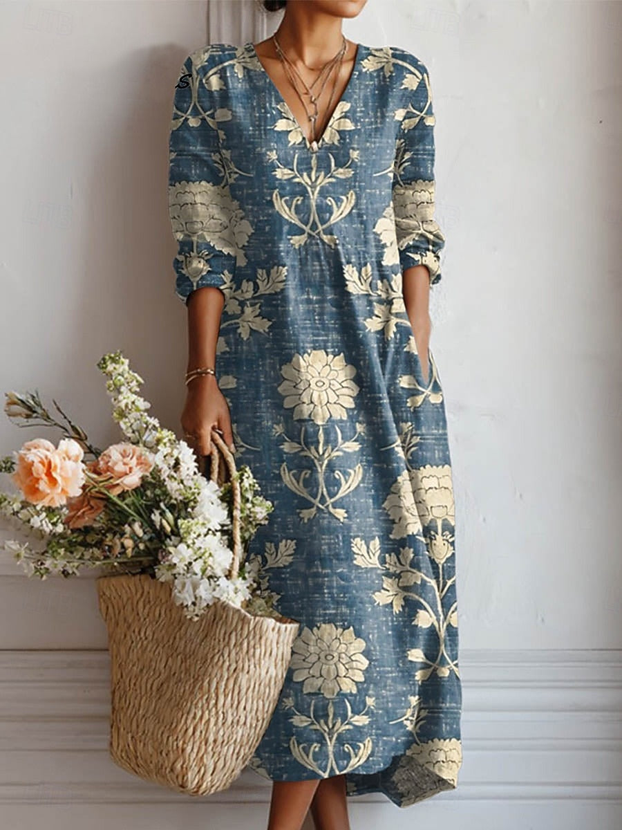 Women's Printed Midi Dress – V Neck Long Sleeves Side Pockets Summer