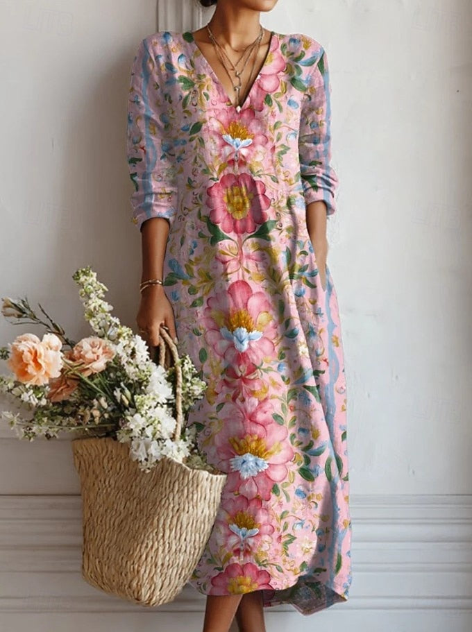 Women's Printed Midi Dress – V Neck Long Sleeves Side Pockets Summer
