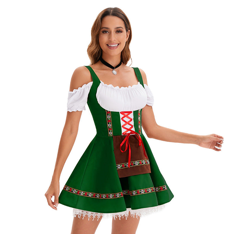 Women's Oktoberfest Floral Trim Costume – Lace Up Puff Sleeve Halloween Party