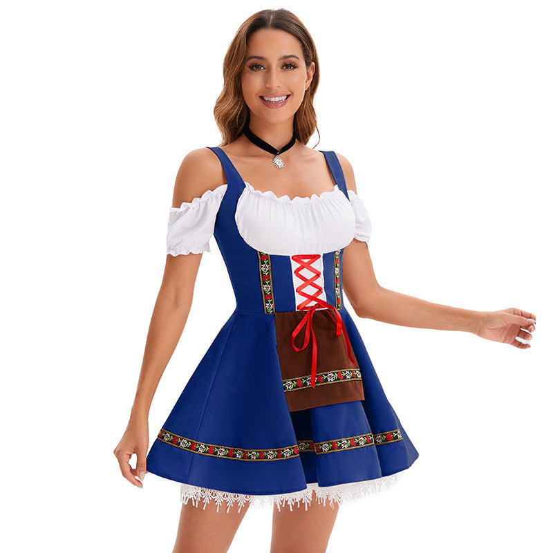 Women's Oktoberfest Floral Trim Costume – Lace Up Puff Sleeve Halloween Party