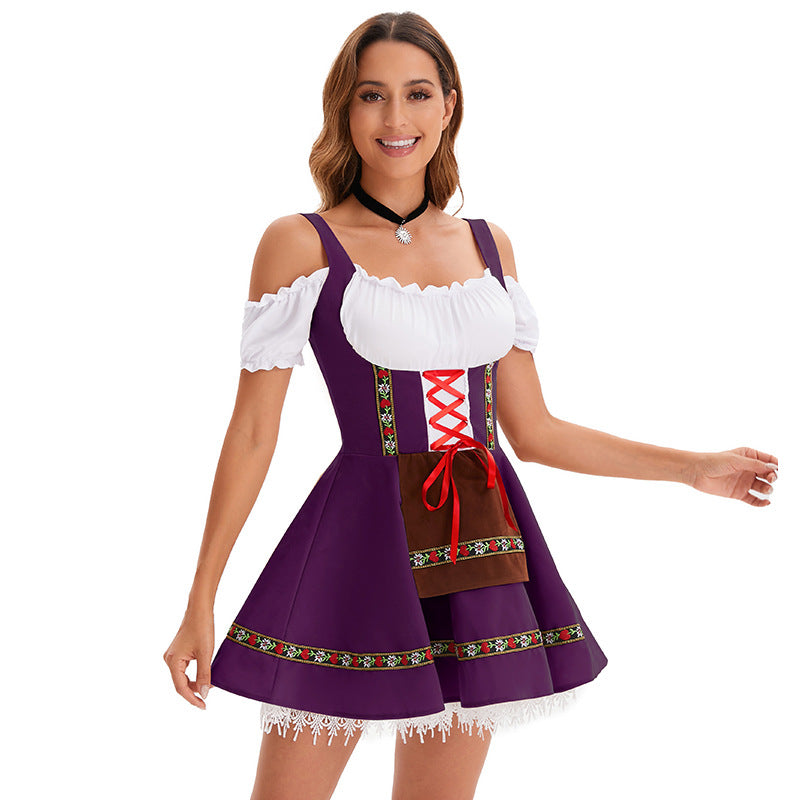 Women's Oktoberfest Floral Trim Costume – Lace Up Puff Sleeve Halloween Party