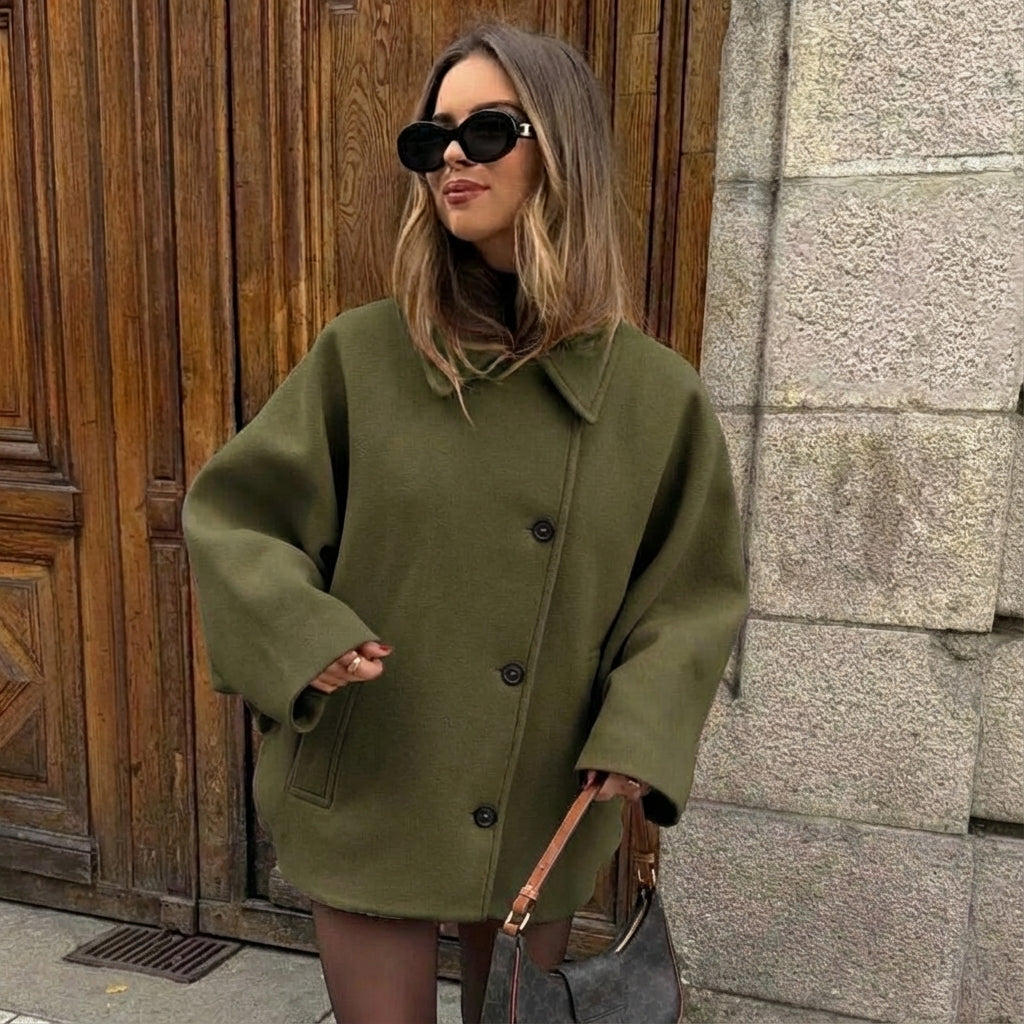 Women's Oversized Wool Jacket – Turn Down Collar Button Front Autumn Outings