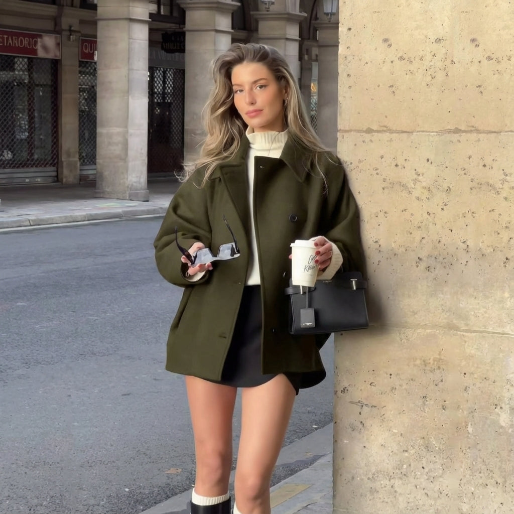 Women's Oversized Wool Jacket – Turn Down Collar Button Front Autumn Outings