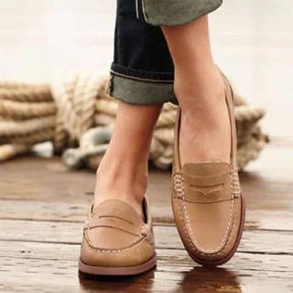 Women's Penny Stitched Leather Loafers – Slip-On Moc Toe Café Meetings