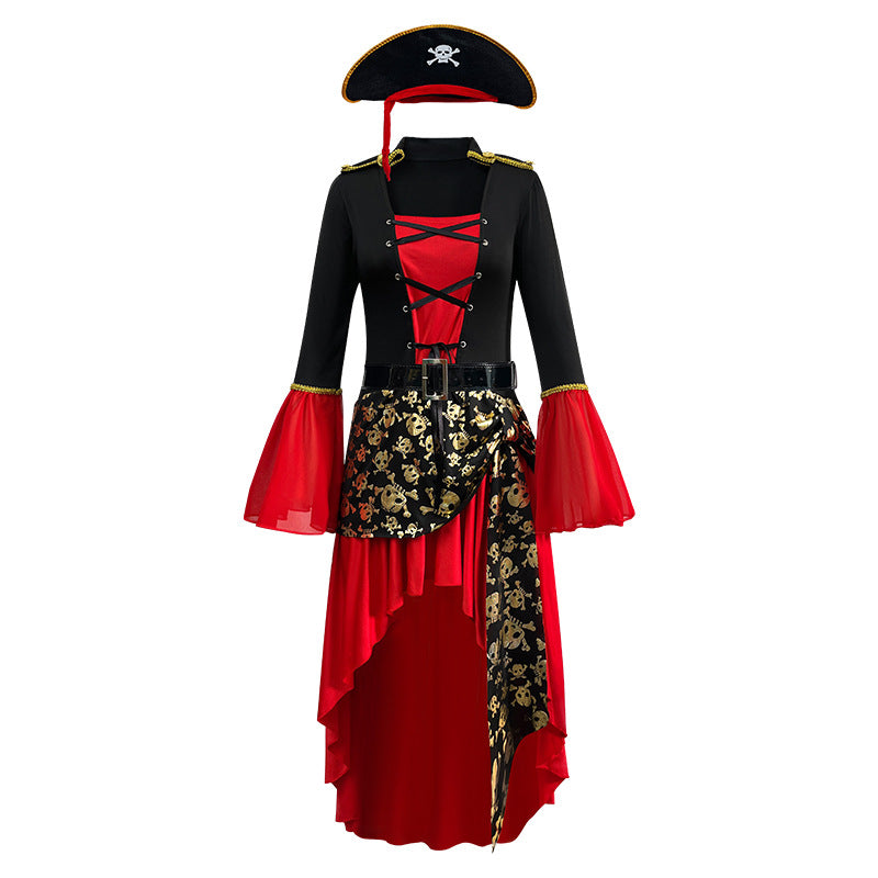 Women's Pirate Costume – Lace Up Bell Sleeve Hat Belt Halloween Party