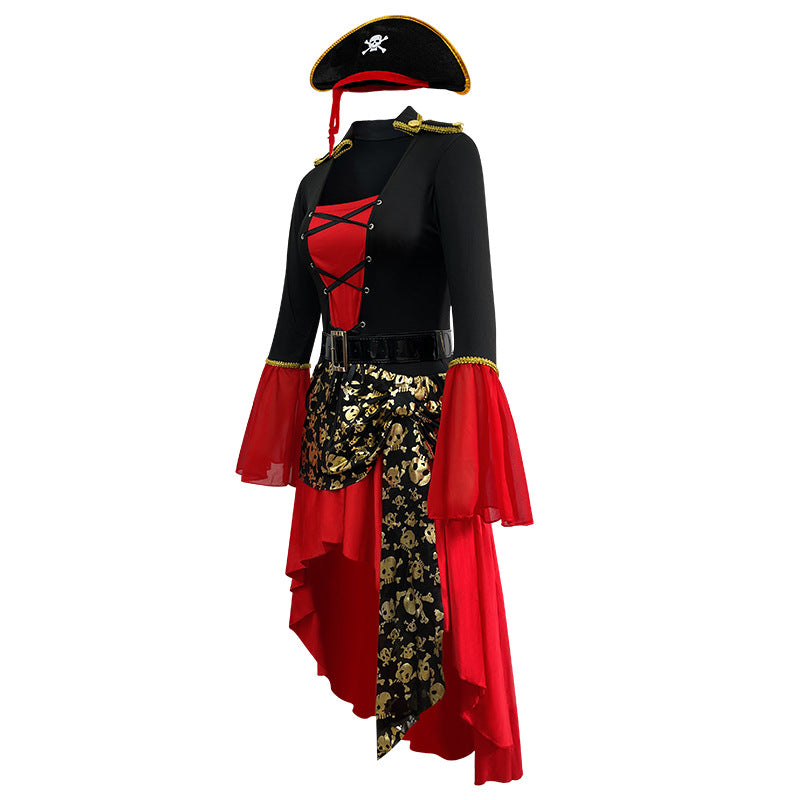 Women's Pirate Costume – Lace Up Bell Sleeve Hat Belt Halloween Party