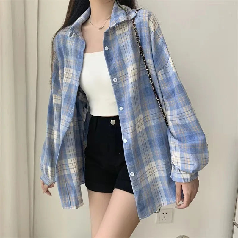 Women's Plaid Flannel Shirt – Button Front Gathered Cuffs Study Days