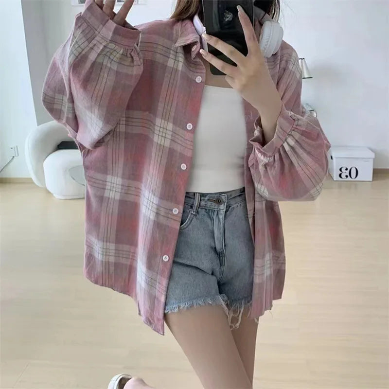 Women's Plaid Flannel Shirt – Button Front Gathered Cuffs Study Days