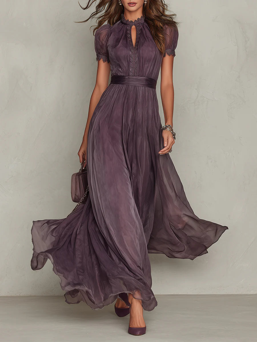 Women's Pleated Lace Trim Maxi Dress – Keyhole Neck Puff Sleeves Wedding Guest