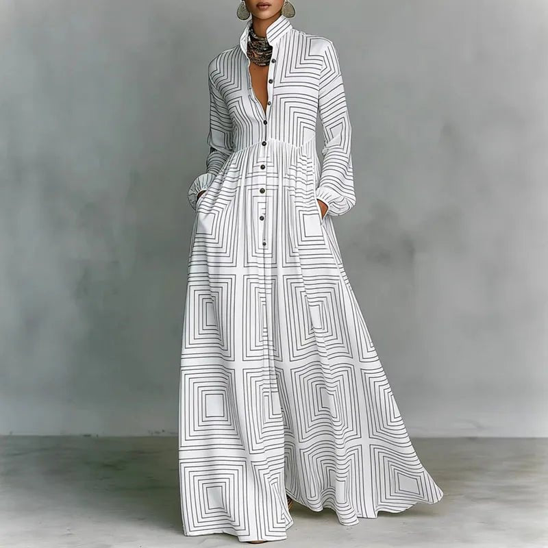 Women's Printed Maxi Dress – Stand Collar Button Front Art Gallery Wear