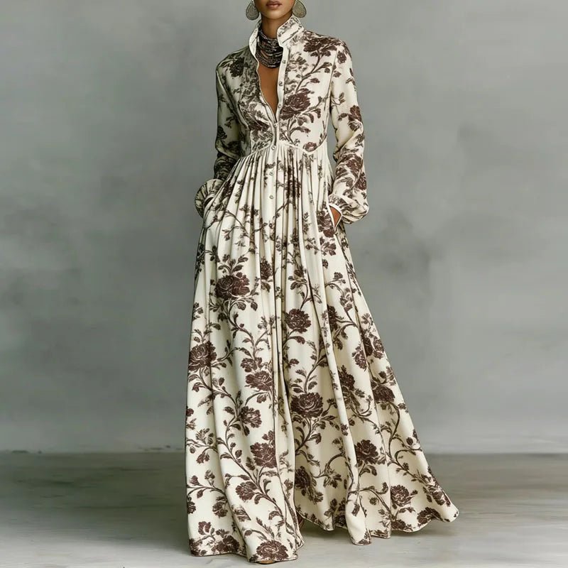 Women's Printed Maxi Dress – Stand Collar Button Front Art Gallery Wear