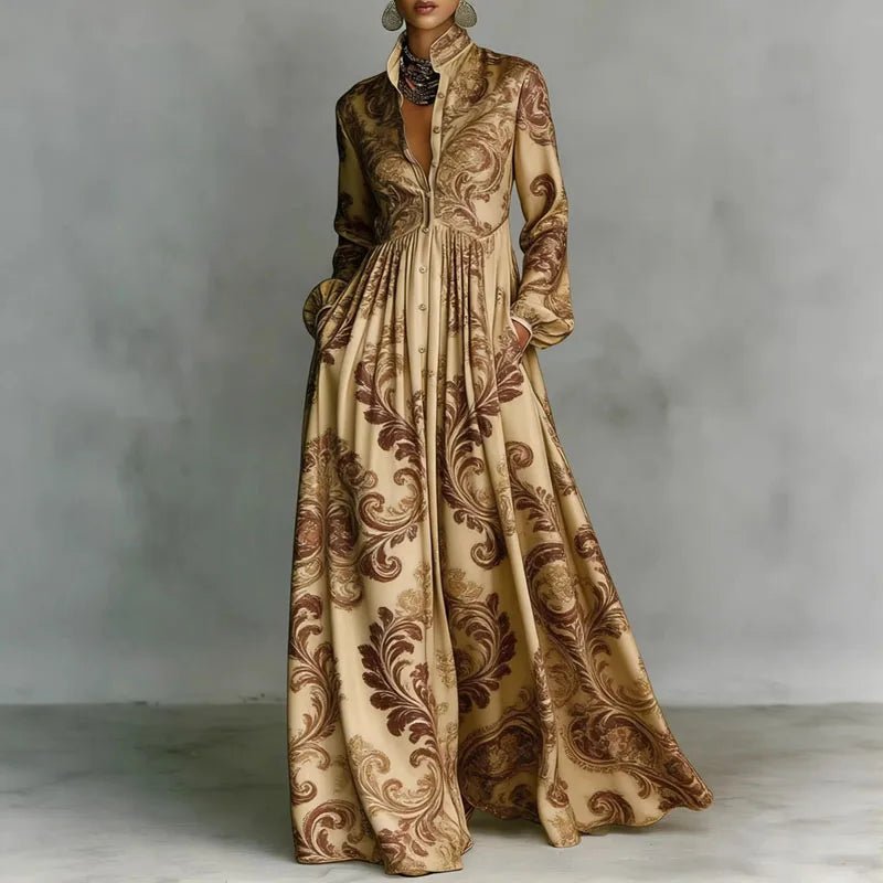 Women's Printed Maxi Dress – Stand Collar Button Front Art Gallery Wear