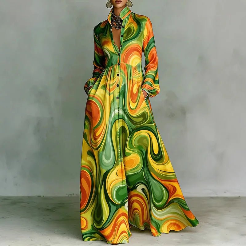 Women's Printed Maxi Dress – Stand Collar Button Front Art Gallery Wear