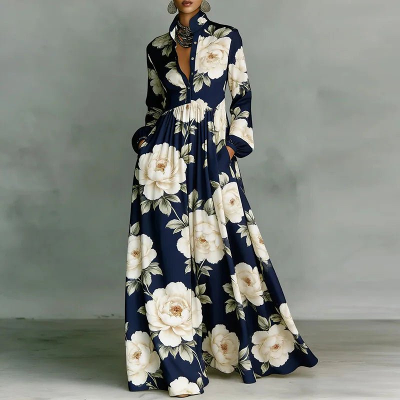 Women's Printed Maxi Dress – Stand Collar Button Front Art Gallery Wear