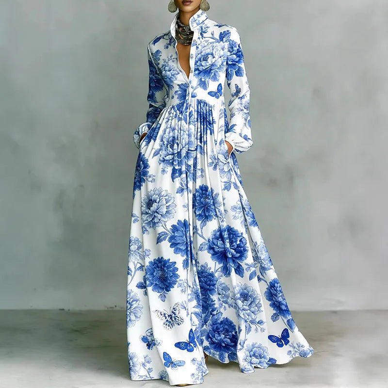 Women's Printed Maxi Dress – Stand Collar Button Front Art Gallery Wear