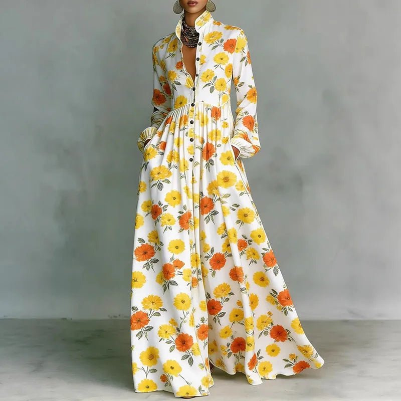 Women's Printed Maxi Dress – Stand Collar Button Front Art Gallery Wear